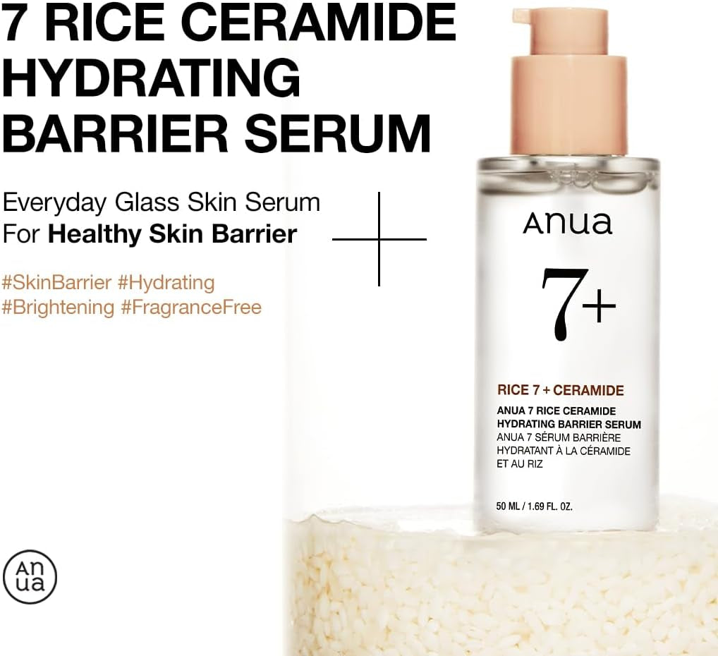 SUERO DE BARRERA HIDRATANTE CERAMIDA DE ARROZ 7, Suero Iluminador E Hidratante Para El Rostro, Arroz, Ácido Hialurónico, Niacinamida, No Comodógeno, Piel De Vidrio, 50 Ml/1,69 Fl.Oz.