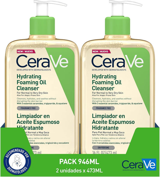 Cerave Limpiador En Aceite Espumoso Hidratante 2X 473Ml, Para Pieles Normales a Muy Secas Con Tendencia Atópica, Para Rostro Y Cuerpo, Limpia E Hidrata, Enriquecido Con Ácido Hialurónico, 473Ml