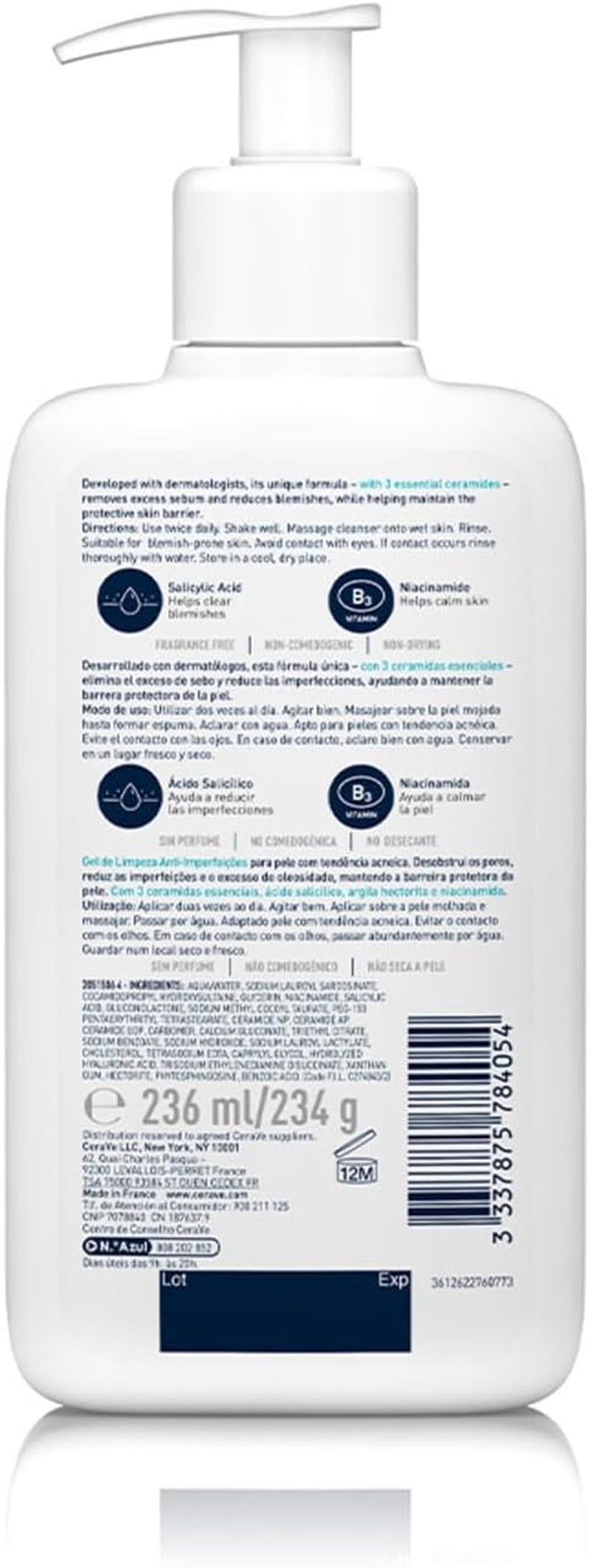 Cerave Gel Limpiador Control Imperfecciones, Para Piel Con Tendencia Acneica Y Grasa, Reduce El Acné, Los Puntos Negros Y Mejora Los Poros, Tratamiento En Gel Con Ácido Salicílico, 236Ml