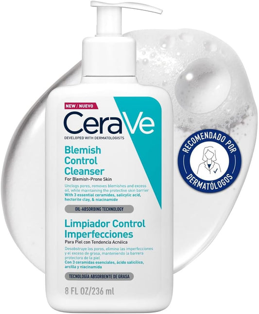 Cerave Gel Limpiador Control Imperfecciones, Para Piel Con Tendencia Acneica Y Grasa, Reduce El Acné, Los Puntos Negros Y Mejora Los Poros, Tratamiento En Gel Con Ácido Salicílico, 236Ml