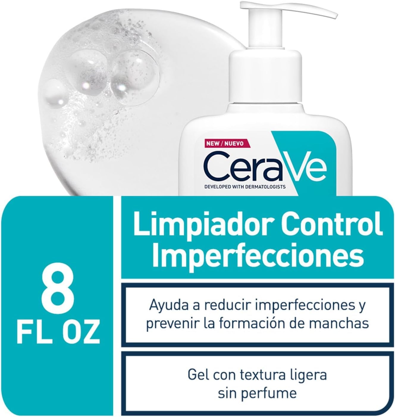 Cerave Gel Limpiador Control Imperfecciones, Para Piel Con Tendencia Acneica Y Grasa, Reduce El Acné, Los Puntos Negros Y Mejora Los Poros, Tratamiento En Gel Con Ácido Salicílico, 236Ml