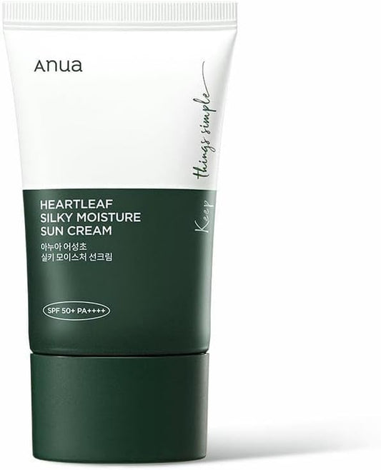 Heartleaf Silky Moisture Sun Cream SPF 50+ PA ++++ Hidratante Y Calmante (Hoja De Corazón, Pantenol) Crema Solar Coreana Facial Orgánica Sin Residuo Blanco Para Pieles Sensibles (50 Ml).